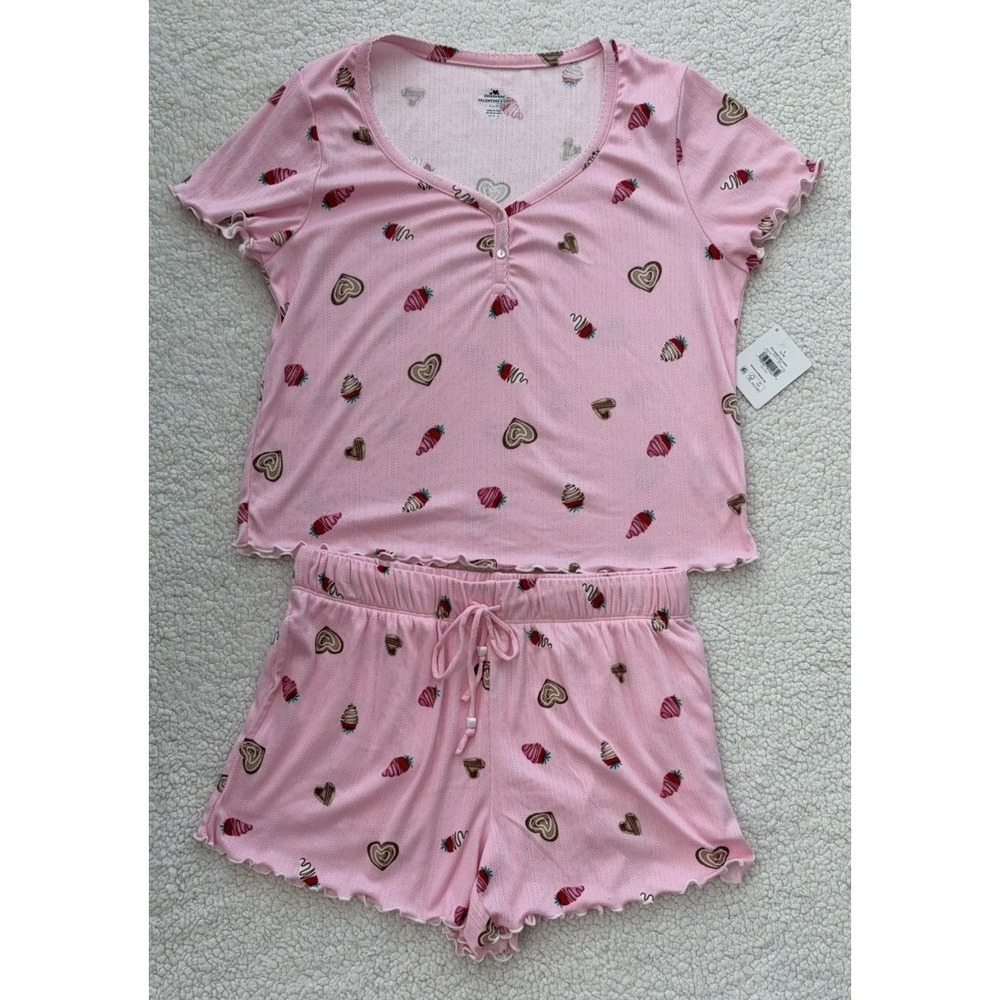 NEW Womens Shorts & Shirt Pajama Set Strawberries & Chocolate Pink Size S NWT